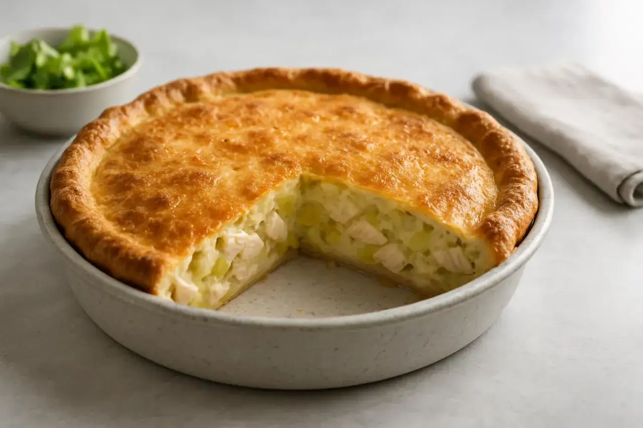 En gyllene kycklingpaj med en bit borttagen, som visar saftig kyckling och potatis. Ett perfekt kycklingpaj recept för middagen.