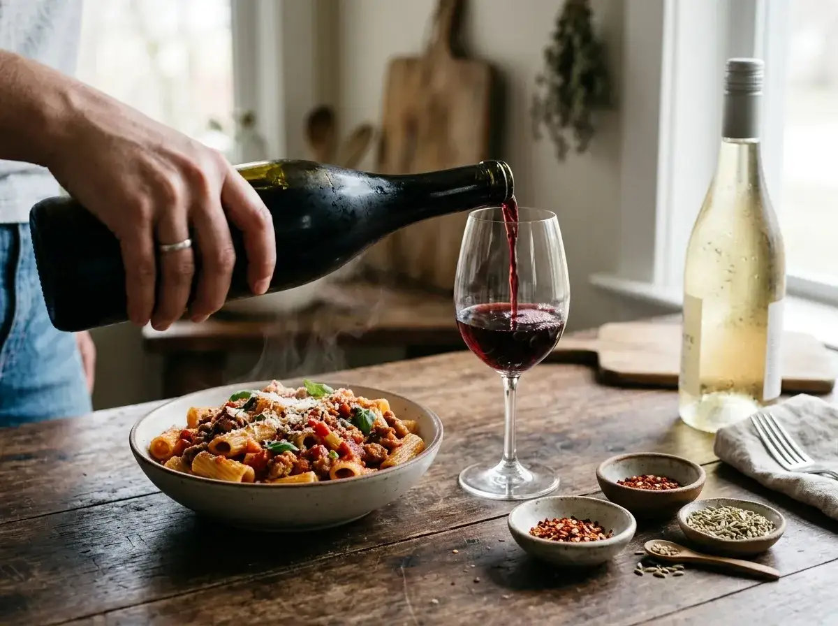 R&ouml;dvinet h&auml;lls upp i ett glas bredvid en &aring;ngande tallrik salsicciapasta. Perfekt f&ouml;r en mysig kv&auml;ll.