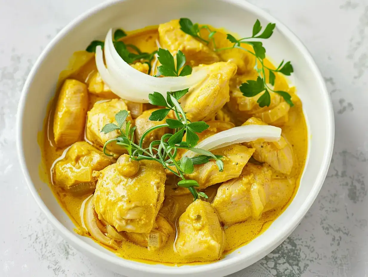 En kr&auml;mig kyckling curry i en vit sk&aring;l, garnerad med f&auml;rsk persilja och l&ouml;k.