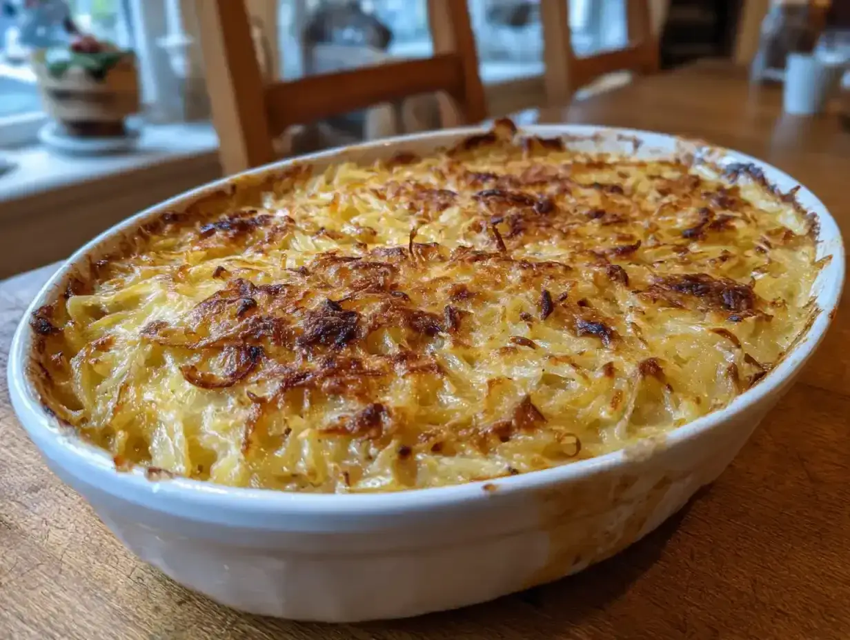 En gyllene Janssons frestelse i ugnsform, redo att serveras. Ett klassiskt Janssons frestelse recept som doftar ljuvligt.