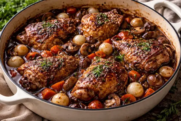 En mustig gryta med kycklinglår, champinjoner, små lökar och morötter i en mörk sås. En klassisk coq au vin som ser otroligt god ut.