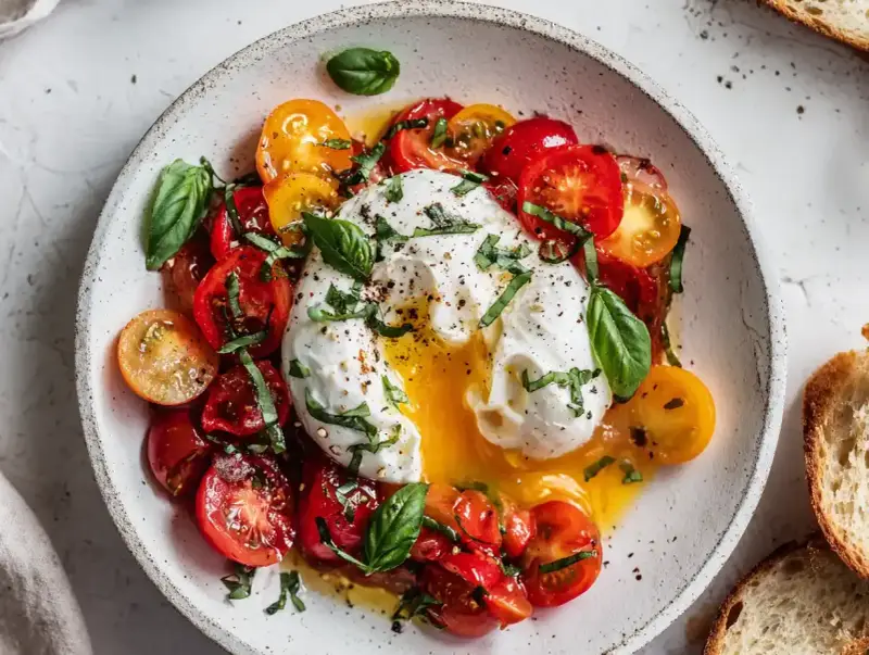 En krämig burrata med färgglada tomater och färsk basilika, en perfekt sommarrätt.