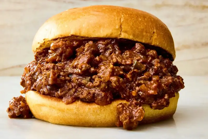 En saftig sloppy joe med köttfärs och en mjuk bulle.