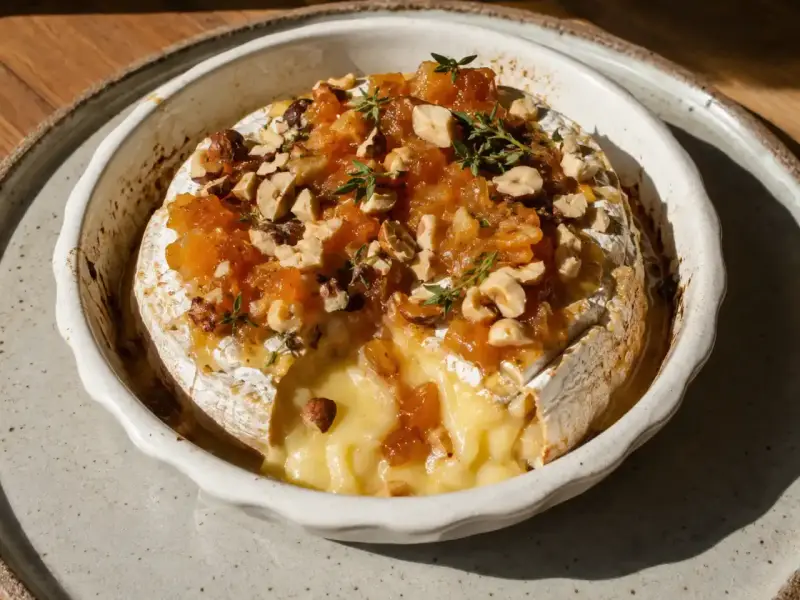 Ugnsbakad brie med nötter och marmelad, perfekt för en mysig kväll.